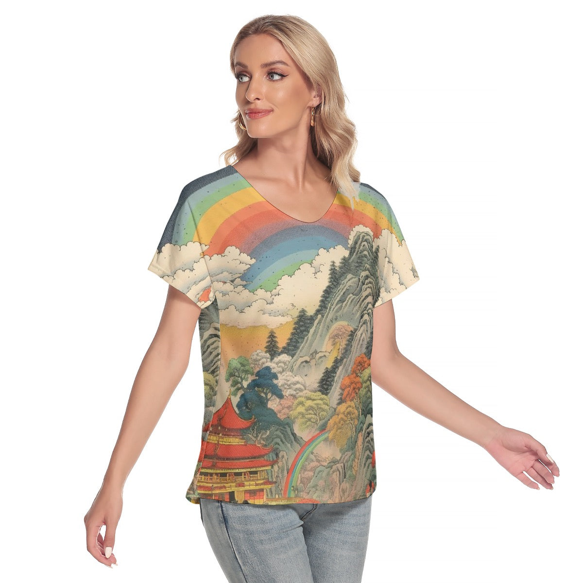 All-Over Print Women's Loose V-neck Short Sleeve T-shirt