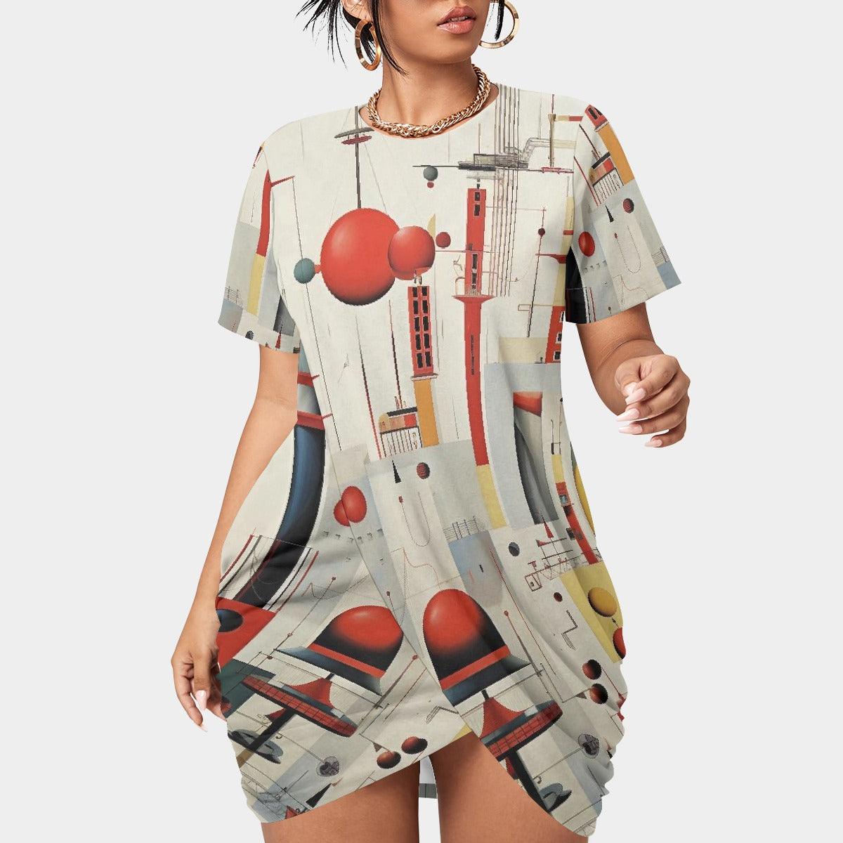 All-Over Print Women’s Stacked Hem Dress With Short Sleeve（Plus Size）