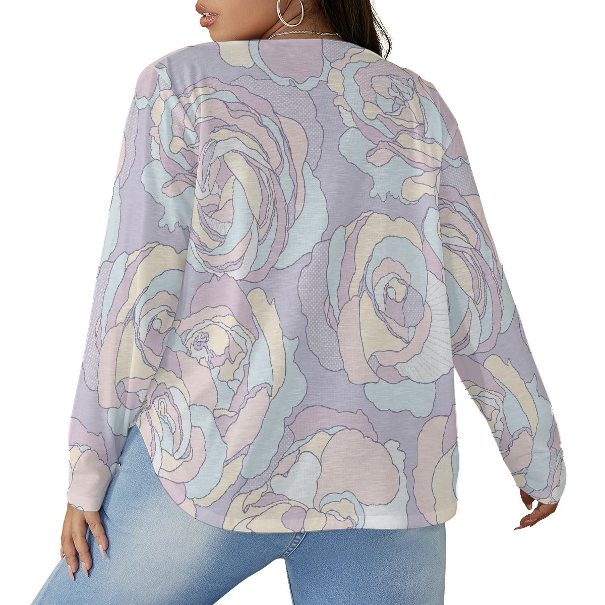 All-Over Print Women's V-neck T-shirt With Curved Hem(Plus Size)