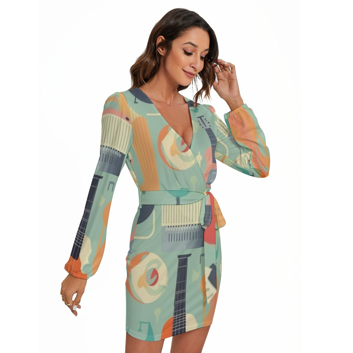 All-Over Print Women's Long Sleeve Dress With Waist Belt