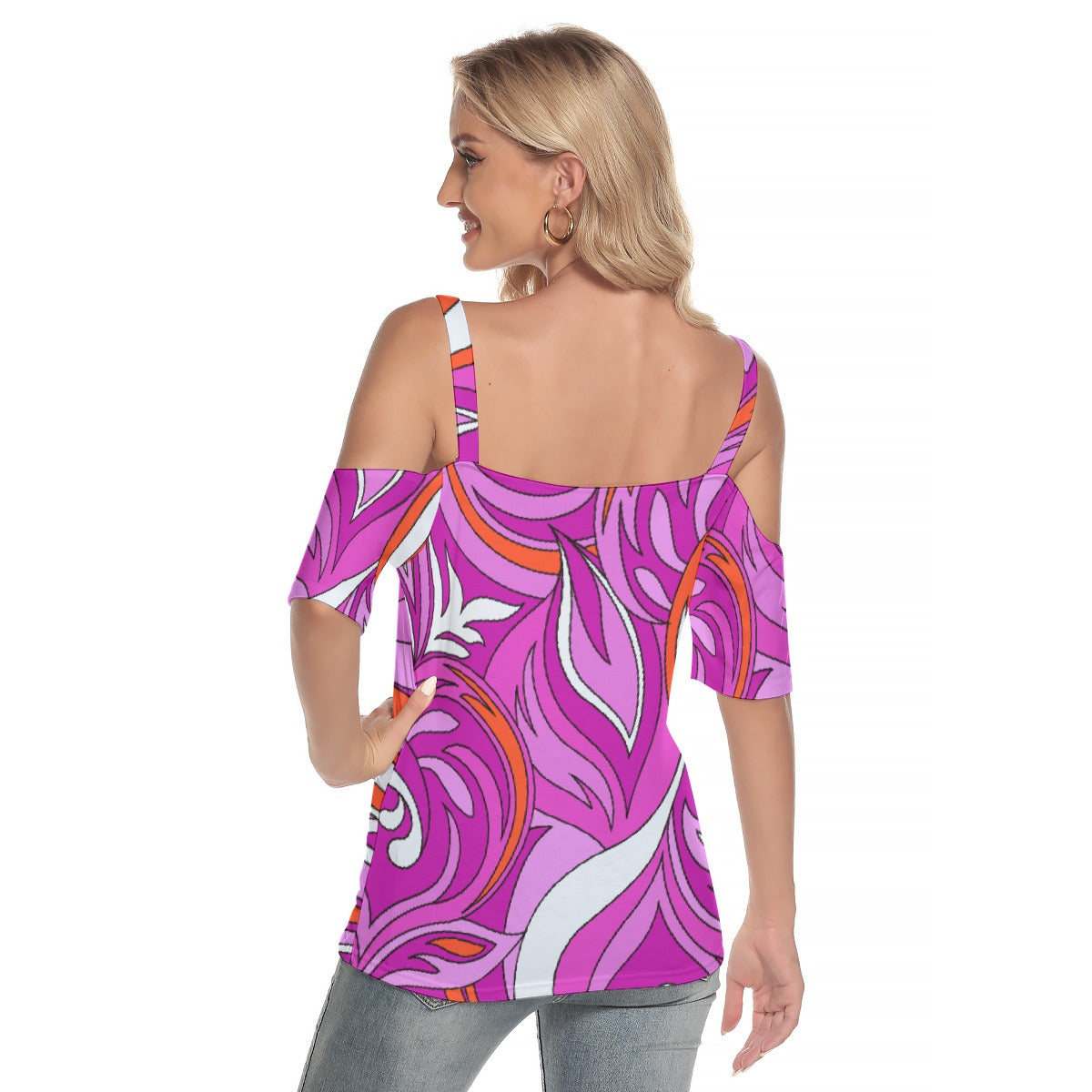 All-Over Print Women's Cold Shoulder T-shirt With Criss Cross Strips