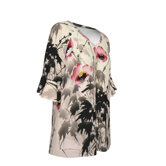 All-Over Print V-neck Women's T-shirt With Bell Sleeve