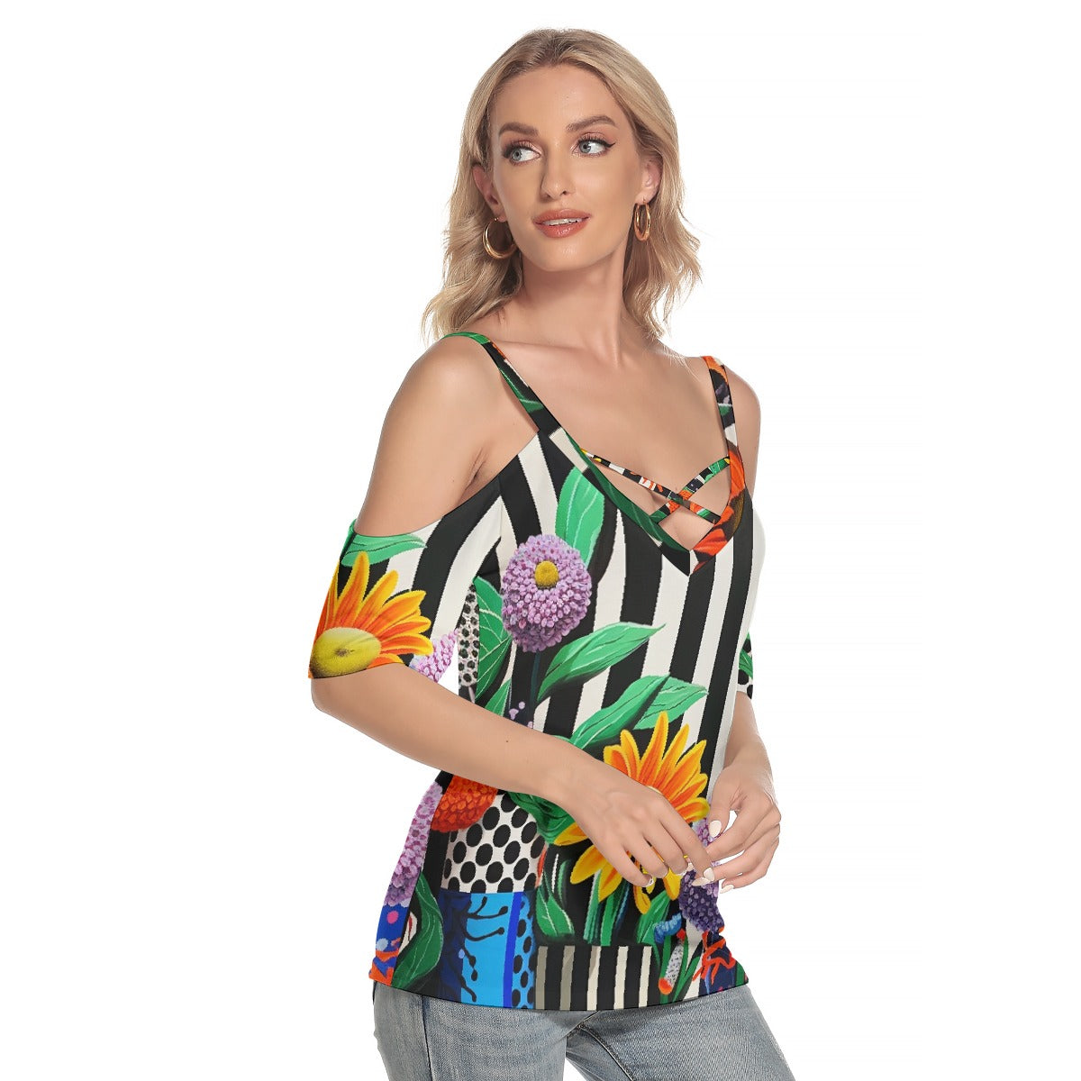 All-Over Print Women's Cold Shoulder T-shirt With Criss Cross Strips