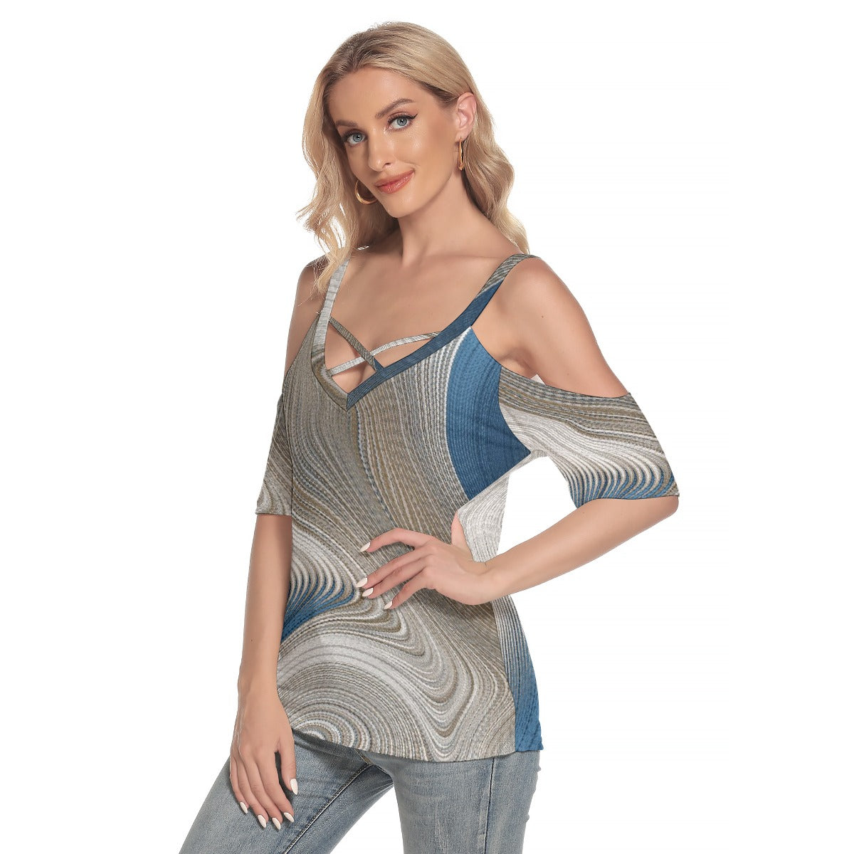 All-Over Print Women's Cold Shoulder T-shirt With Criss Cross Strips