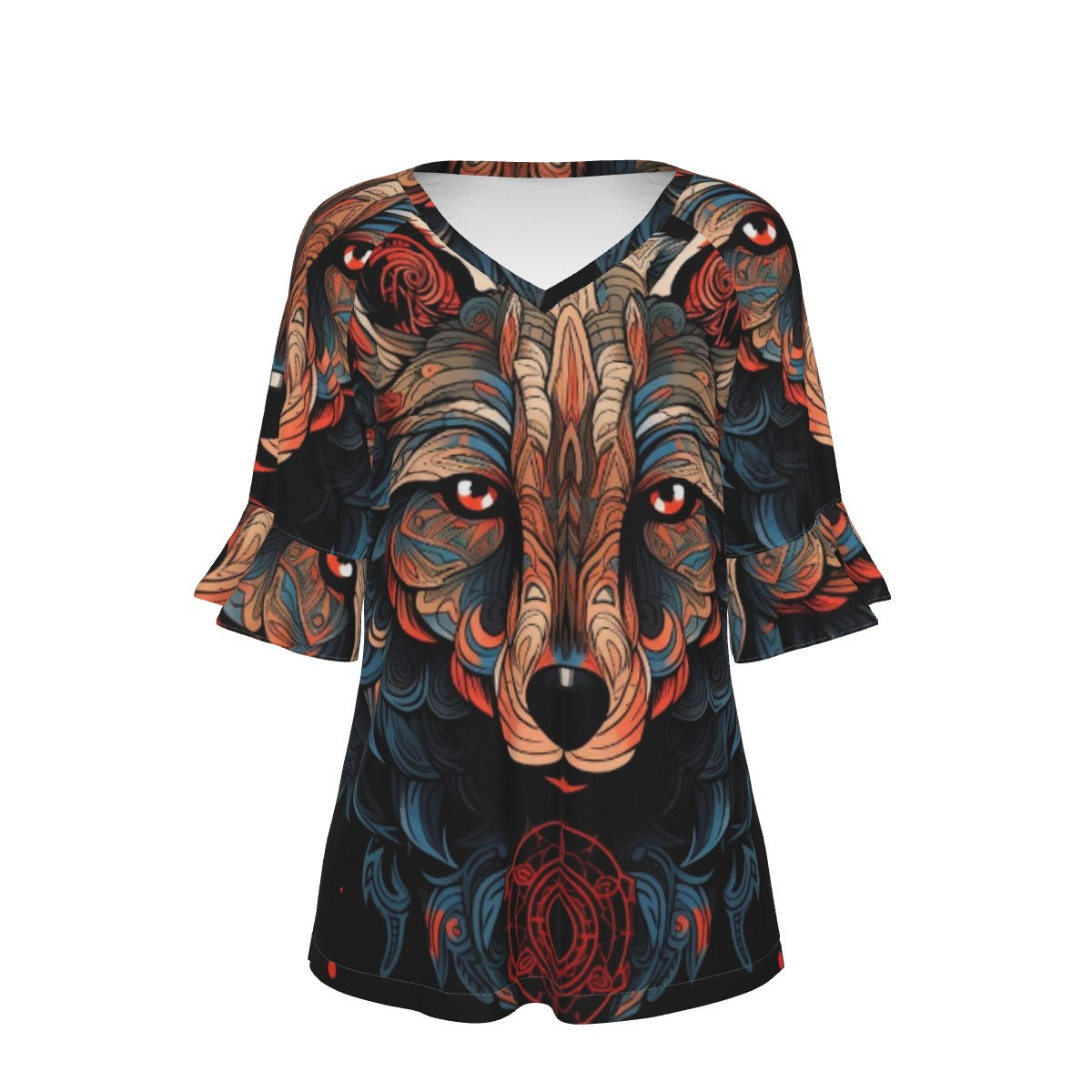 All-Over Print V-neck Women's T-shirt With Bell Sleeve