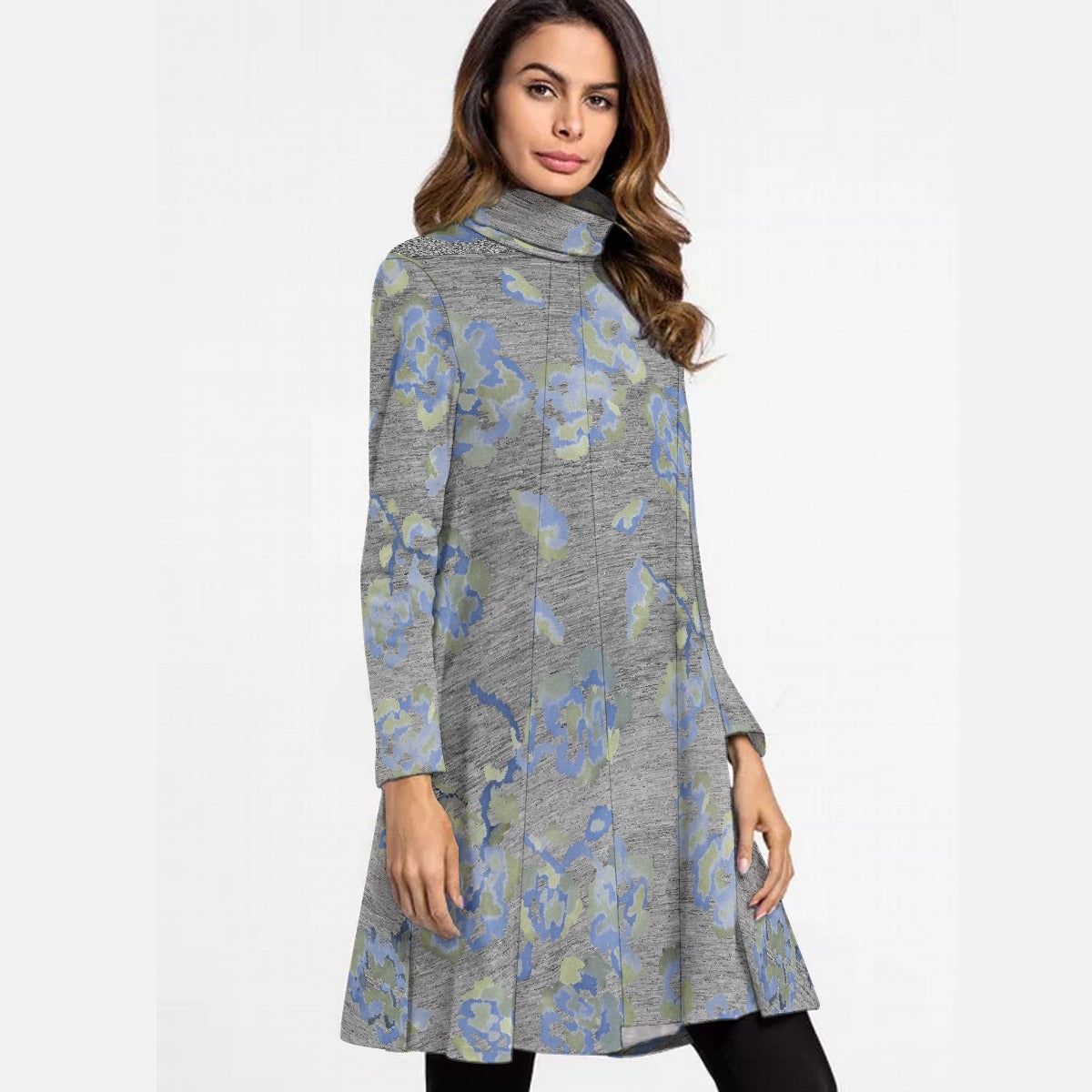 All-Over Print Women's High Neck Dress With Long Sleeve