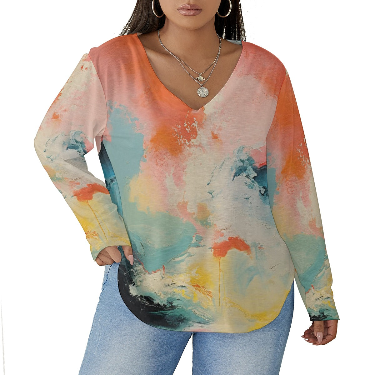 All-Over Print Women's V-neck T-shirt With Curved Hem(Plus Size)