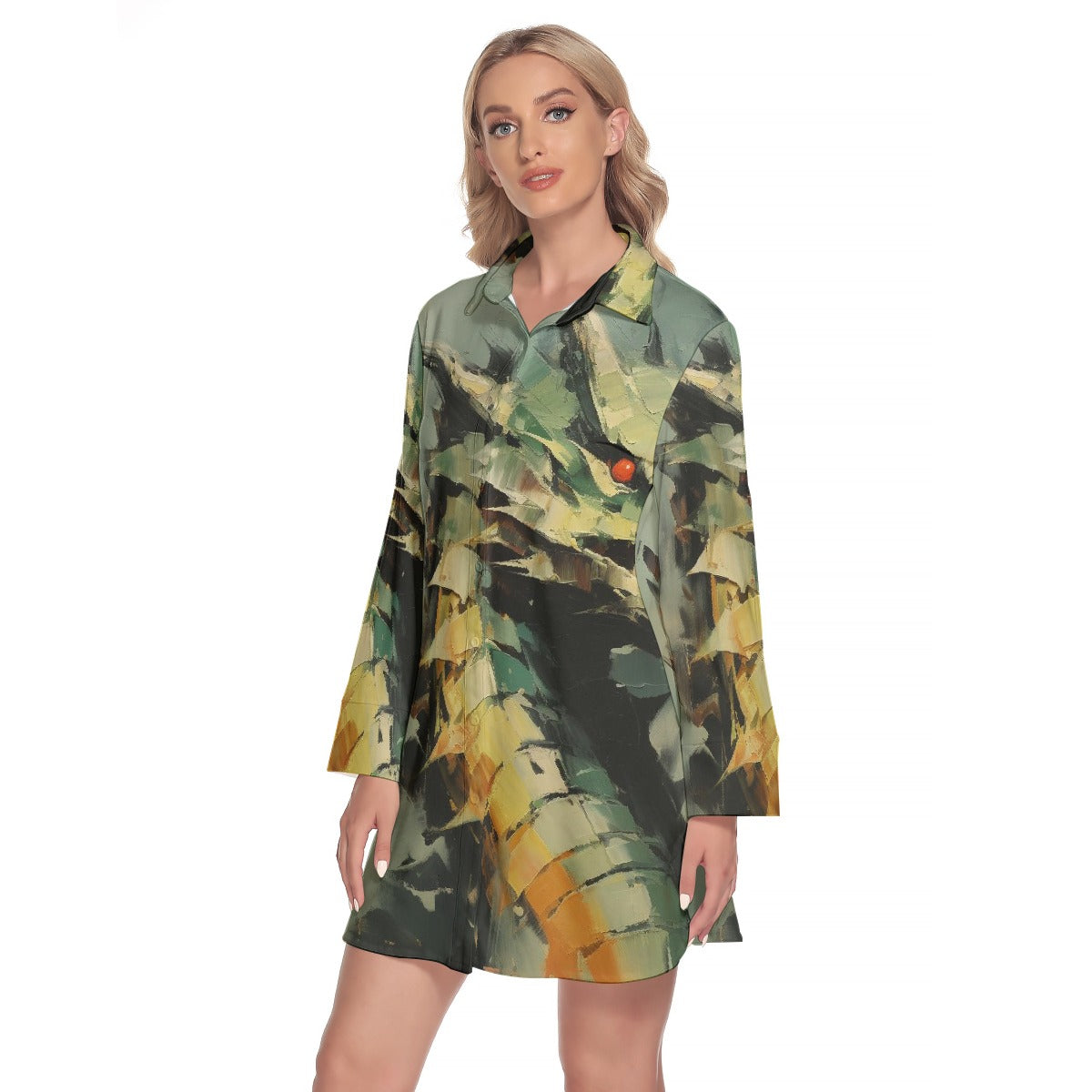 All-Over Print Women's Lapel Shirt Dress With Long Sleeve