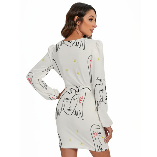 All-Over Print Women's Long Sleeve Dress With Waist Belt