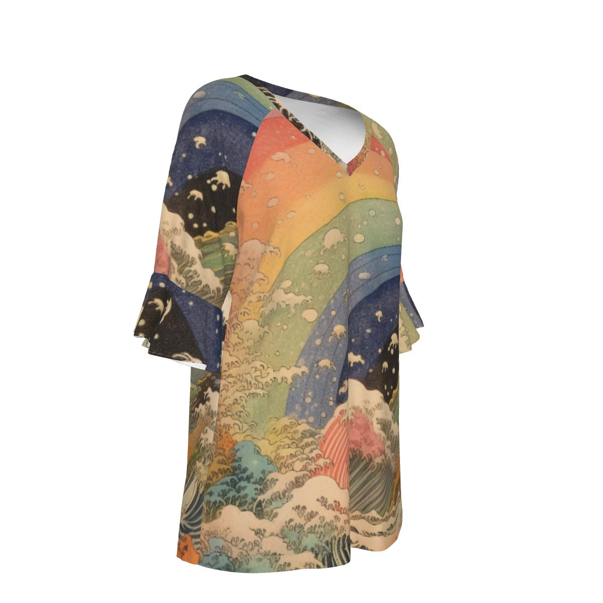 All-Over Print V-neck Women's T-shirt With Bell Sleeve