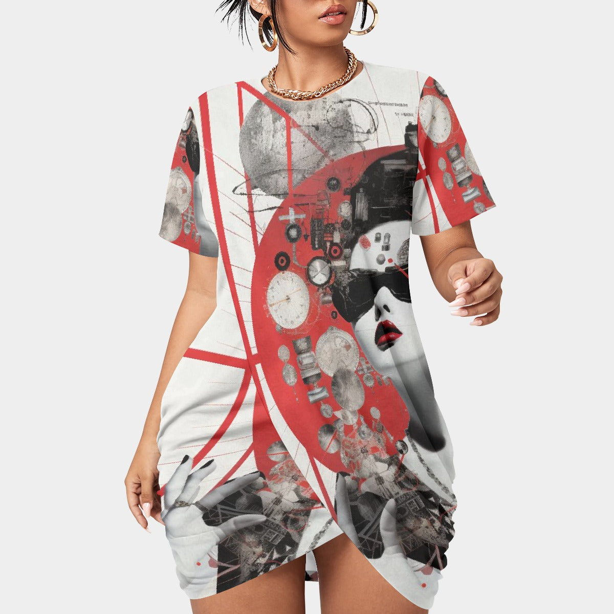 All-Over Print Women’s Stacked Hem Dress With Short Sleeve（Plus Size）