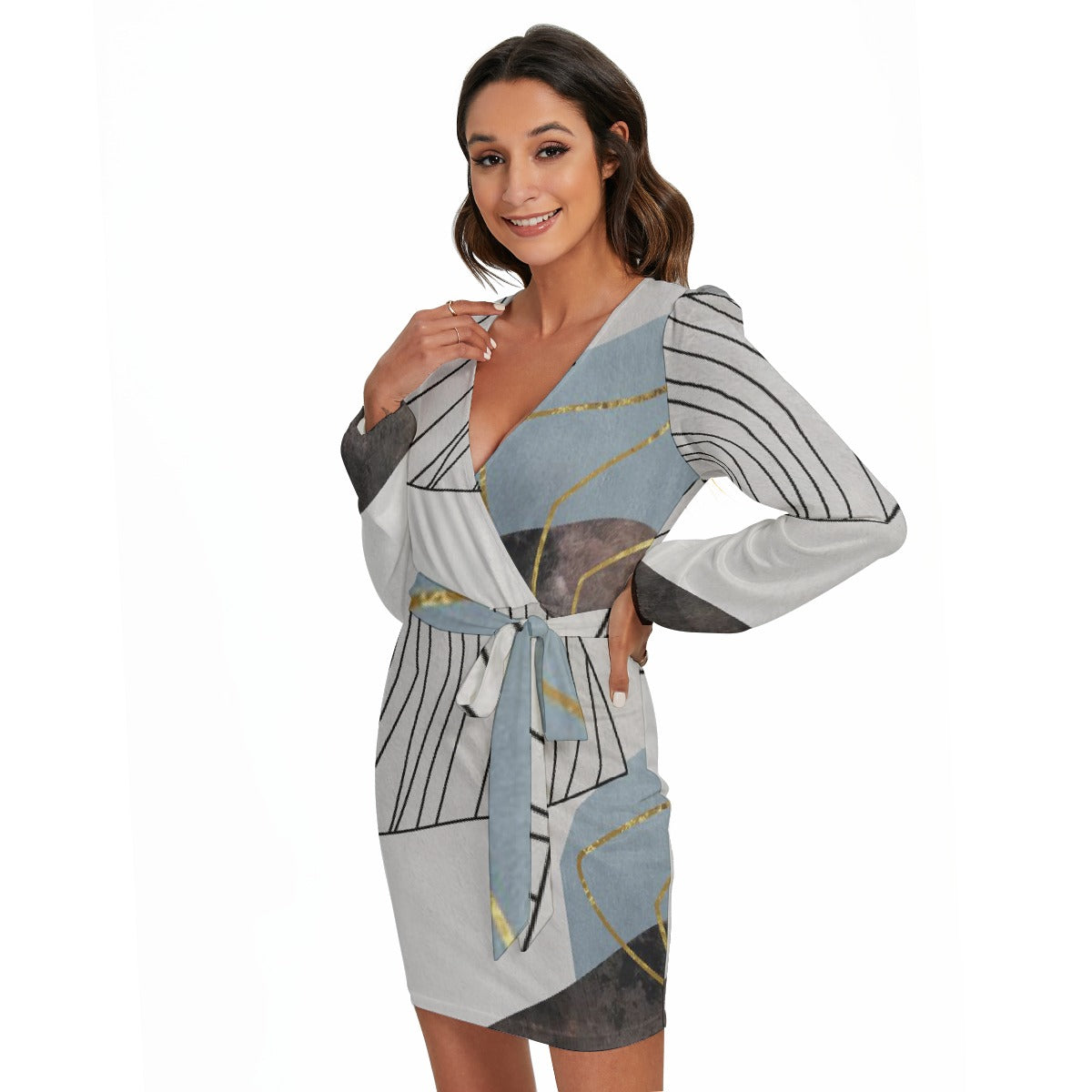 All-Over Print Women's Long Sleeve Dress With Waist Belt