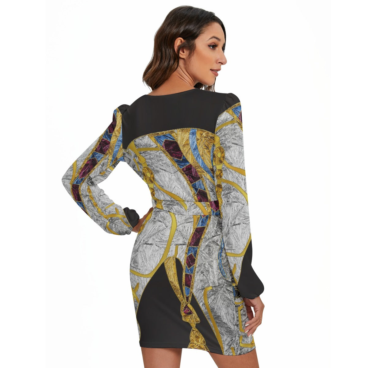 All-Over Print Women's Long Sleeve Dress With Waist Belt