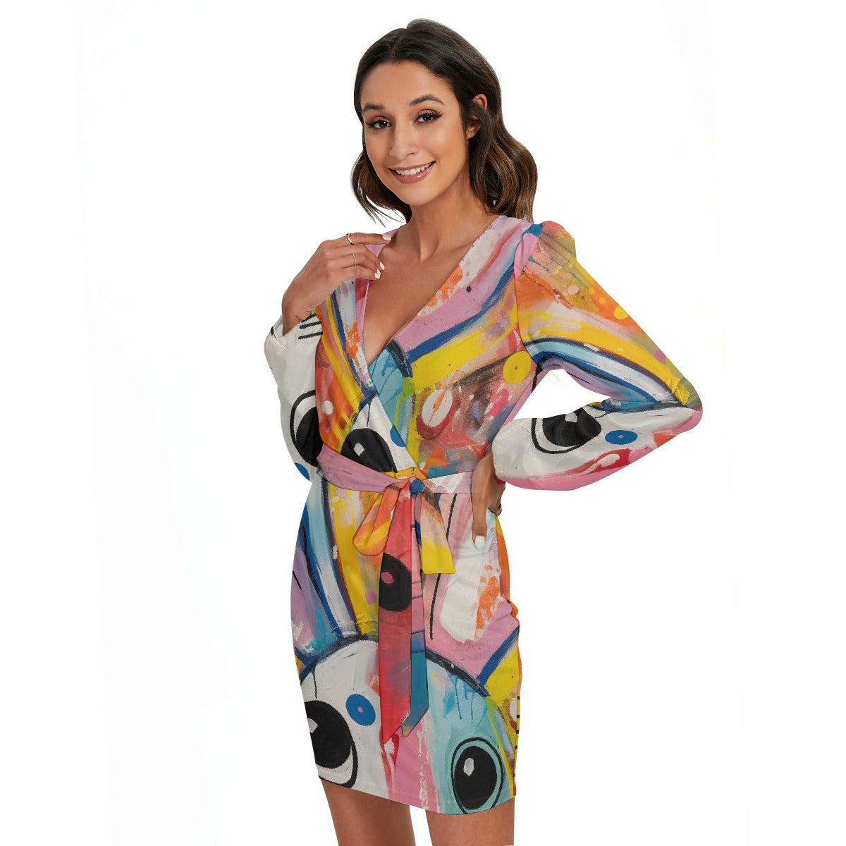 All-Over Print Women's Long Sleeve Dress With Waist Belt