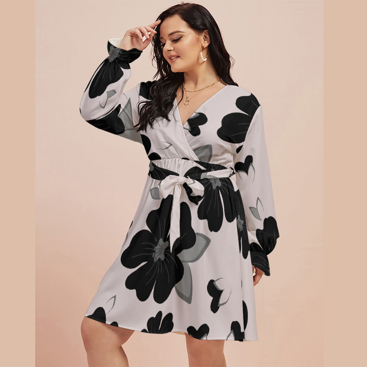 All-Over Print Women's V-neck Dress With Waistband(Plus Size)