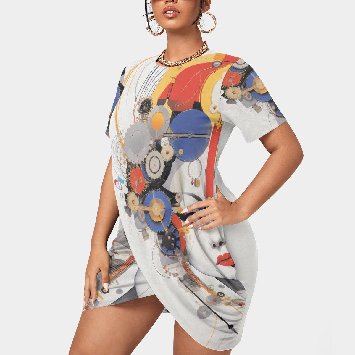 All-Over Print Women’s Stacked Hem Dress With Short Sleeve（Plus Size）