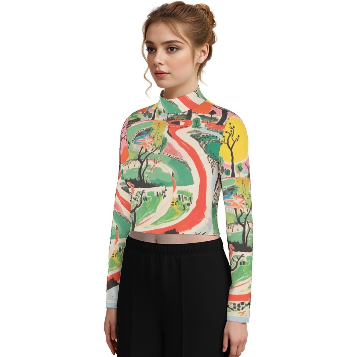 Eco-Friendly All-Over Print Women's Turtleneck T-shirt With Long Sleeve