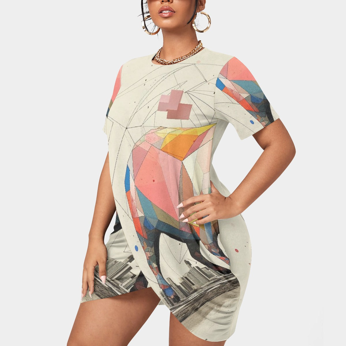 All-Over Print Women’s Stacked Hem Dress With Short Sleeve（Plus Size）