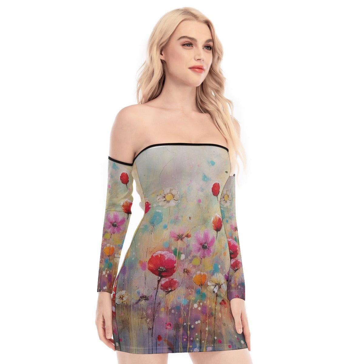 All-Over Print Women's Off-shoulder Back Lace-up Dress