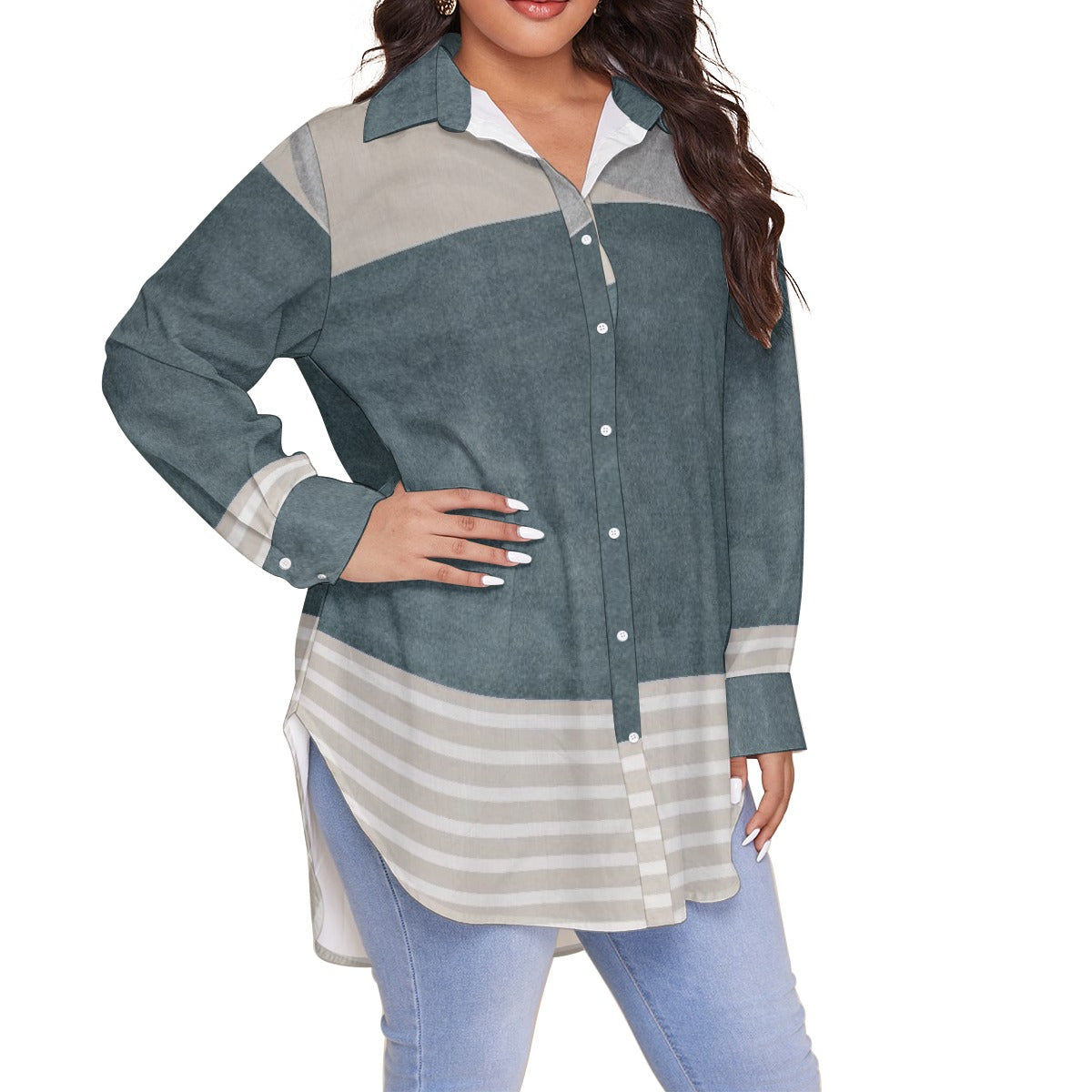 All-Over Print Women's Shirt With Long Sleeve(Plus Size)