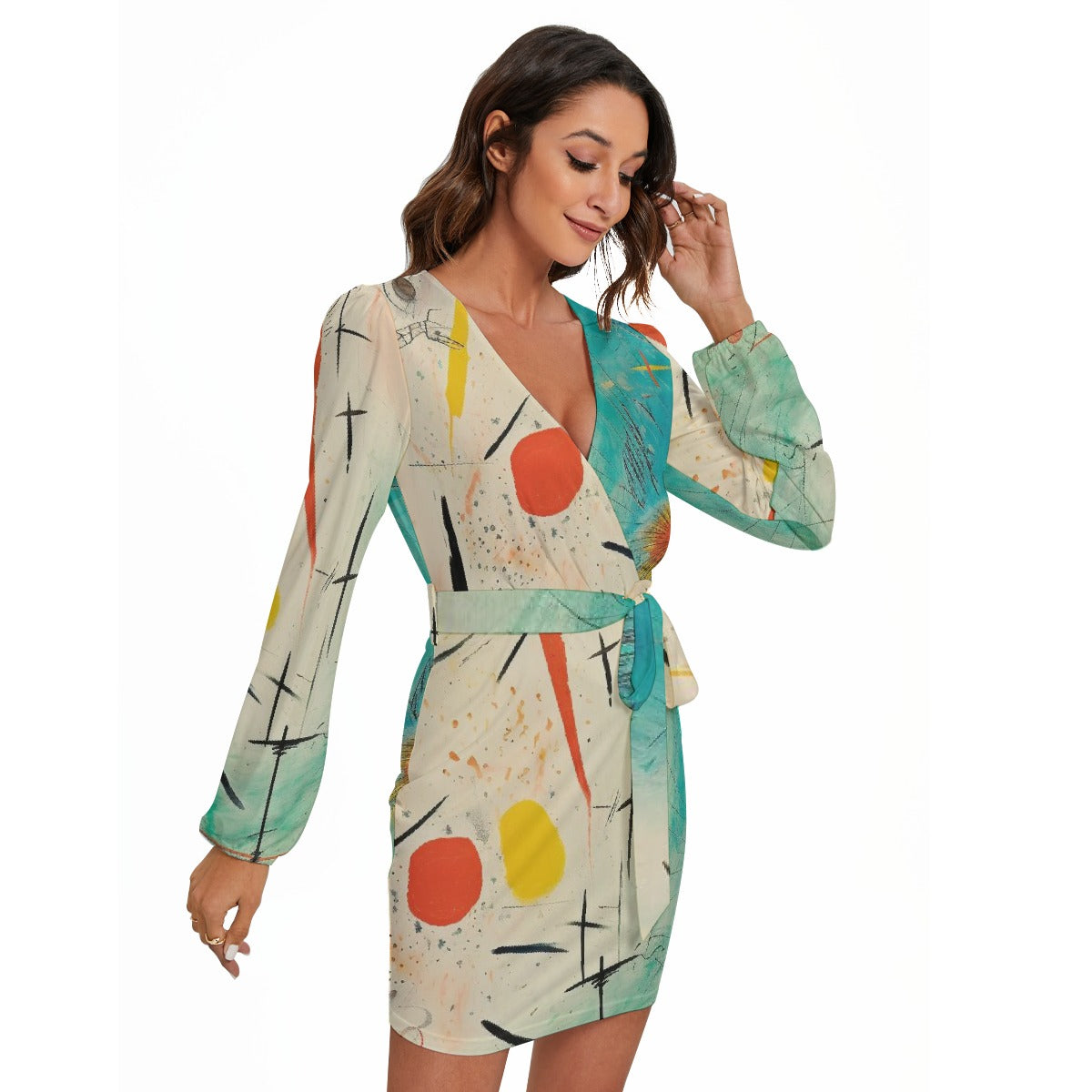 All-Over Print Women's Long Sleeve Dress With Waist Belt