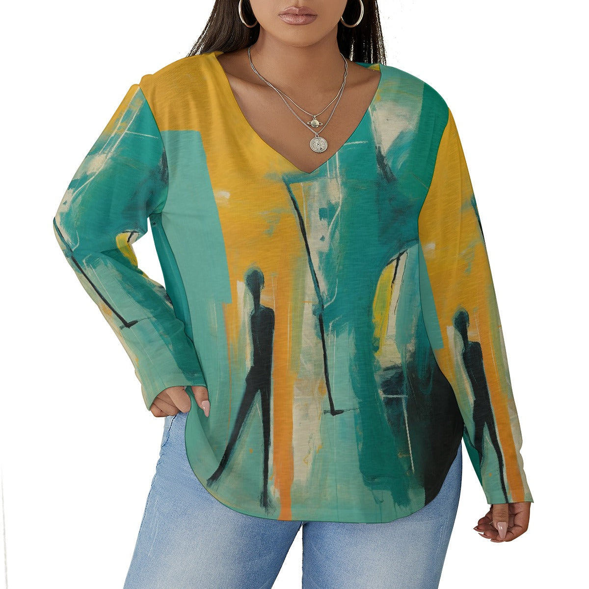 All-Over Print Women's V-neck T-shirt With Curved Hem(Plus Size)