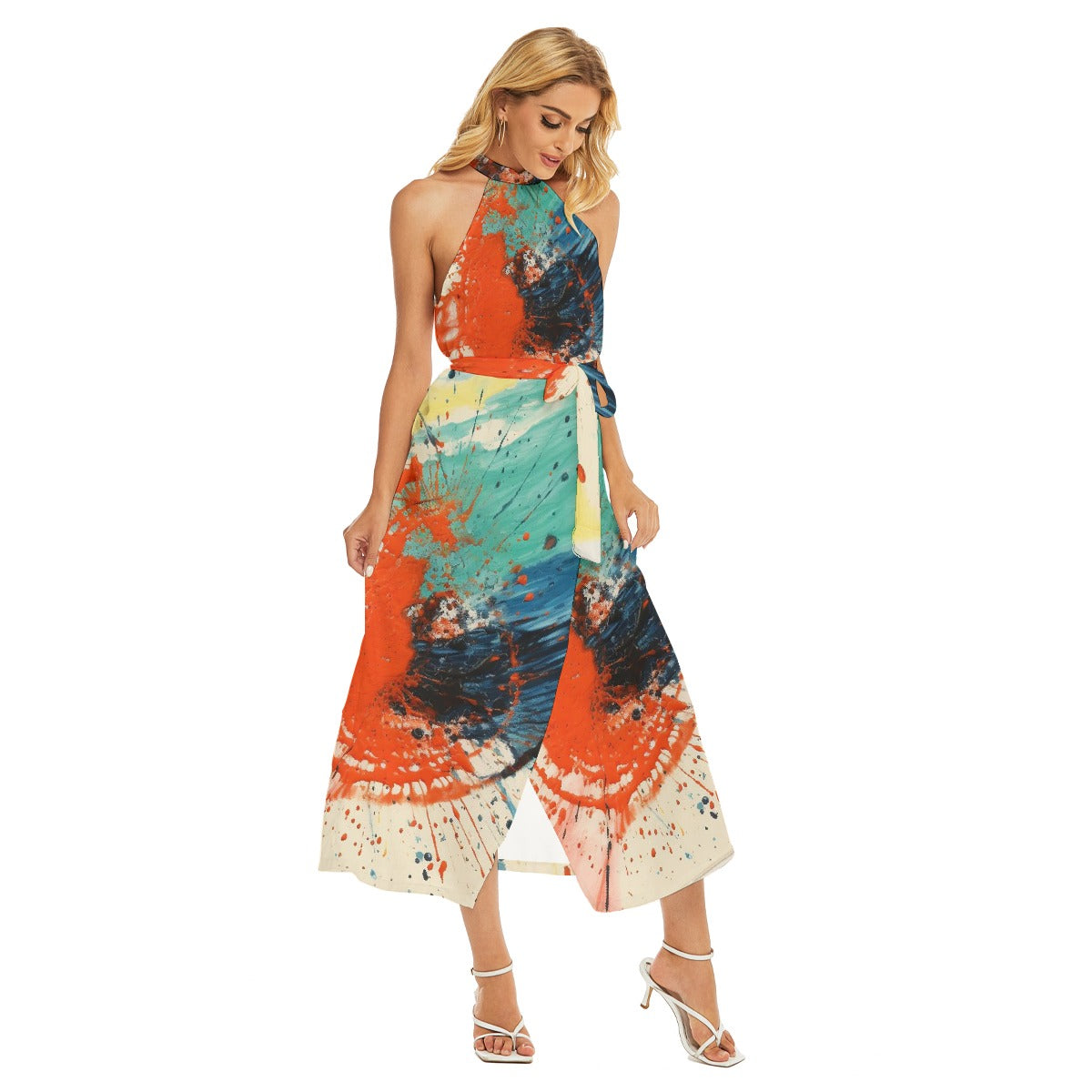 All-Over Print Women's Wrap Hem Belted Halter Dress