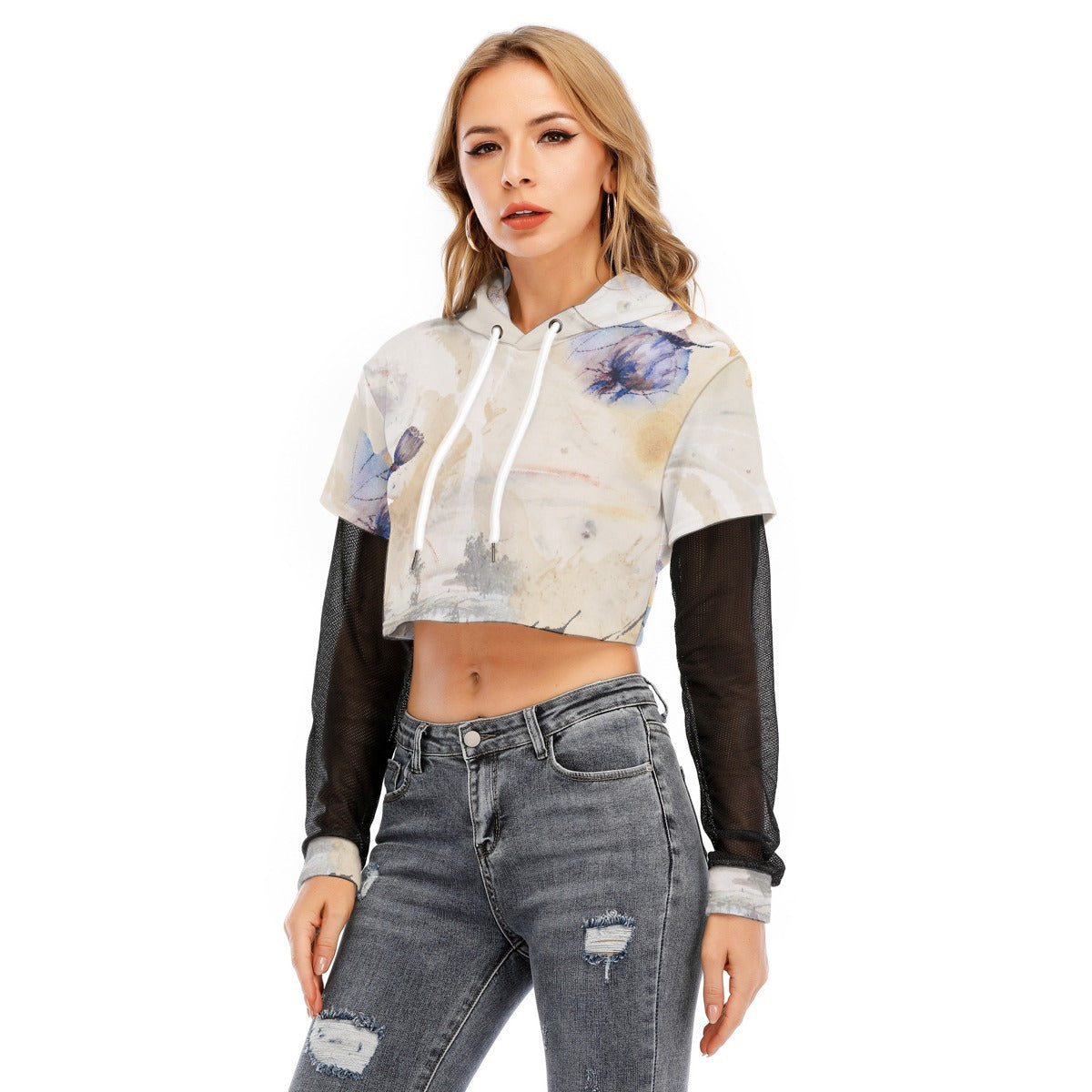 All-Over Print Women's Fake Two-piece Mesh Sleeve Cropped Hoodie