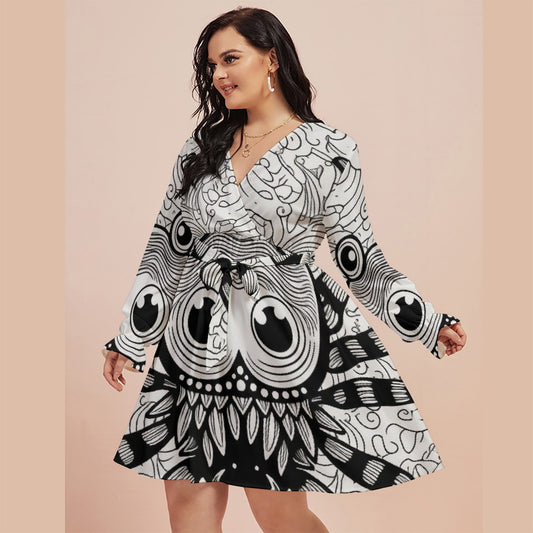 All-Over Print Women's V-neck Dress With Waistband(Plus Size)