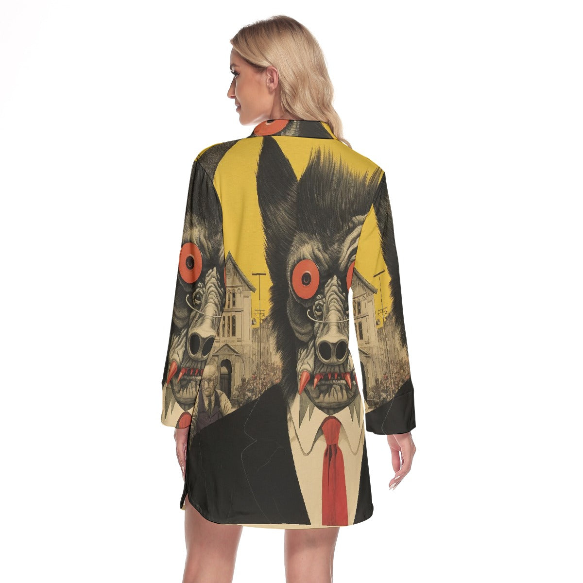 All-Over Print Women's Lapel Shirt Dress With Long Sleeve