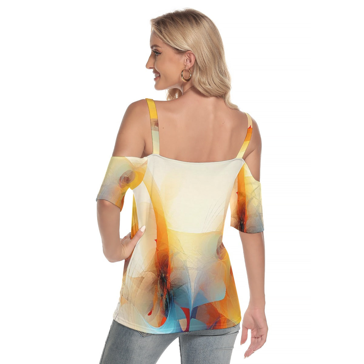 All-Over Print Women's Cold Shoulder T-shirt With Criss Cross Strips