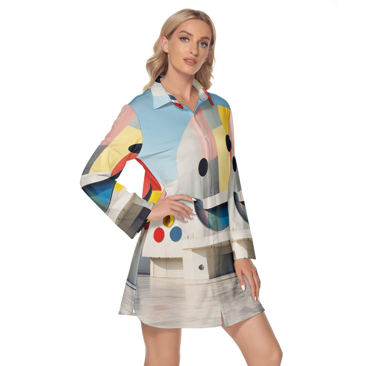 All-Over Print Women's Lapel Shirt Dress With Long Sleeve