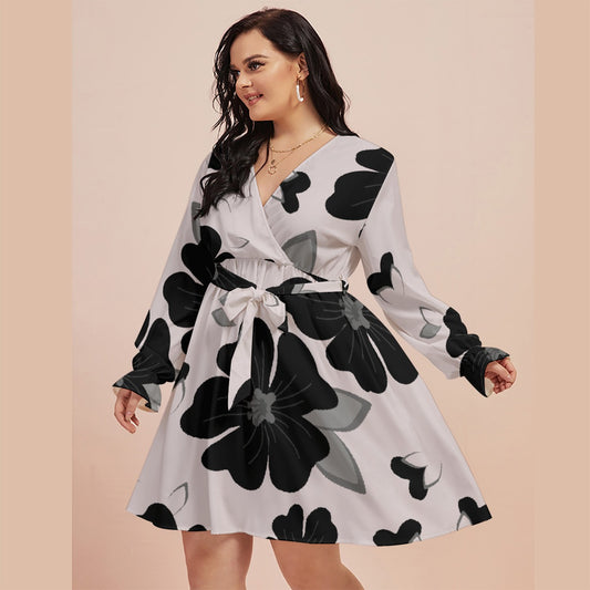 All-Over Print Women's V-neck Dress With Waistband(Plus Size)