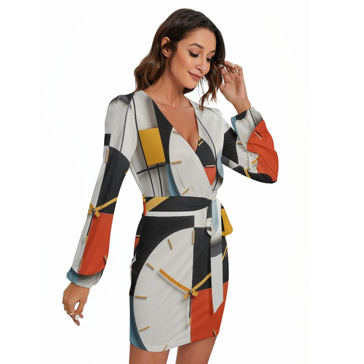 All-Over Print Women's Long Sleeve Dress With Waist Belt