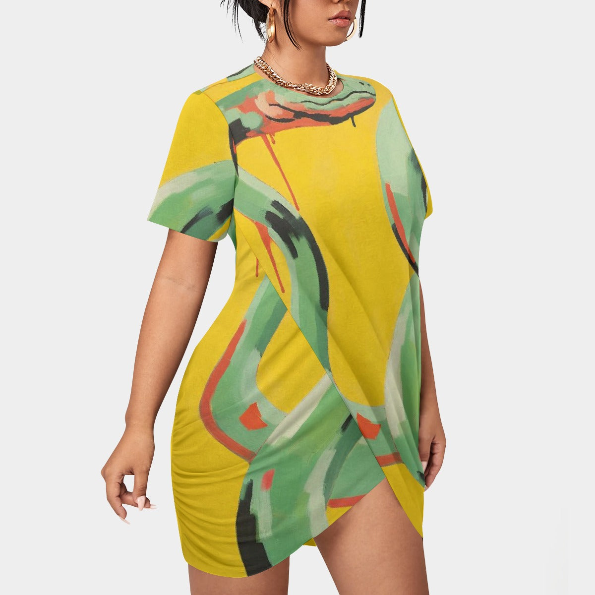 All-Over Print Women’s Stacked Hem Dress With Short Sleeve（Plus Size）