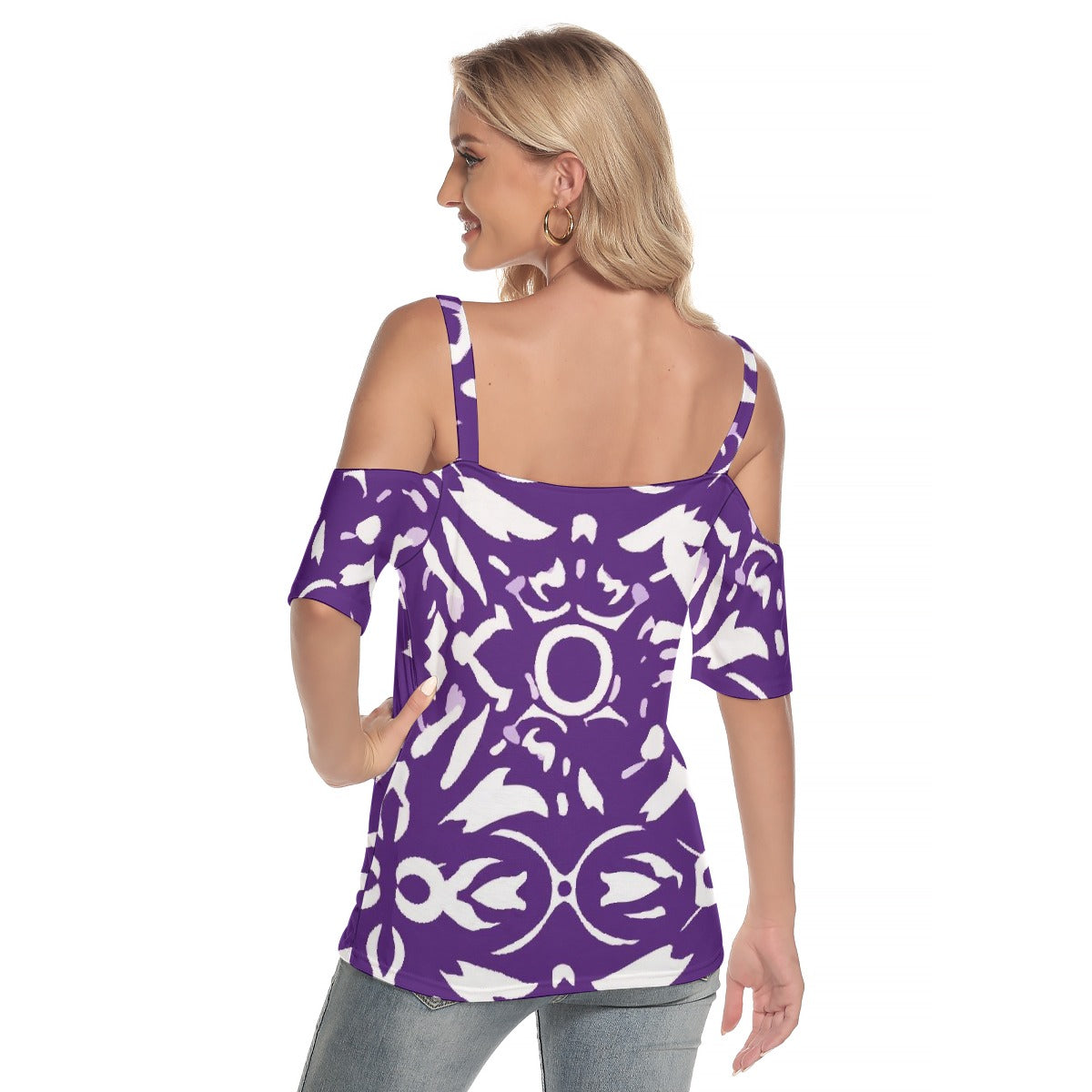 All-Over Print Women's Cold Shoulder T-shirt With Criss Cross Strips