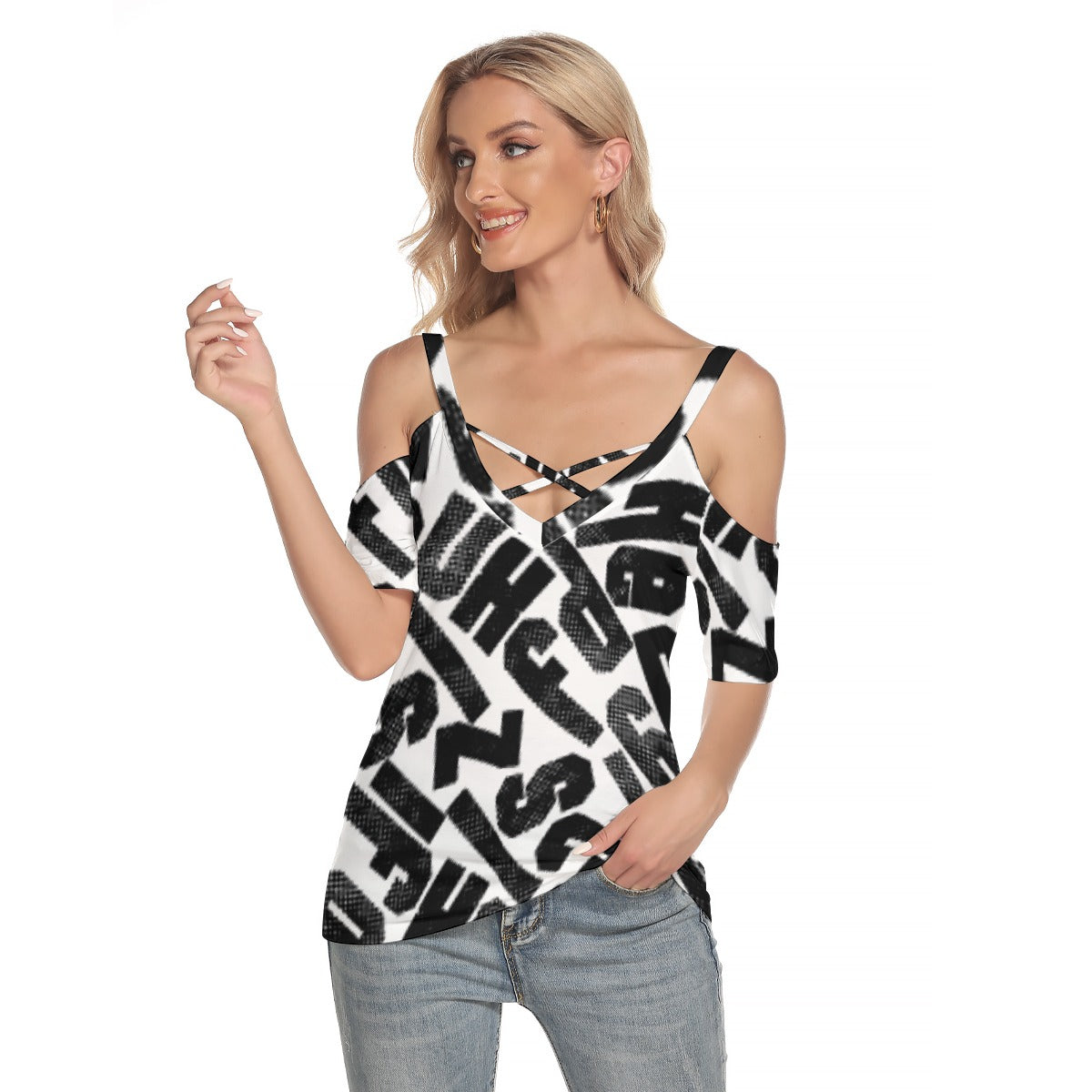 All-Over Print Women's Cold Shoulder T-shirt With Criss Cross Strips