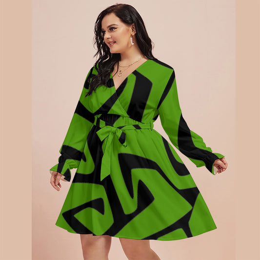 All-Over Print Women's V-neck Dress With Waistband(Plus Size)