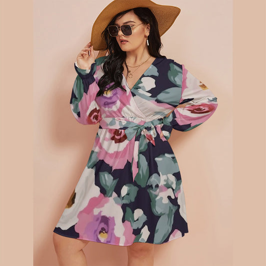 All-Over Print Women's V-neck Dress With Waistband(Plus Size)