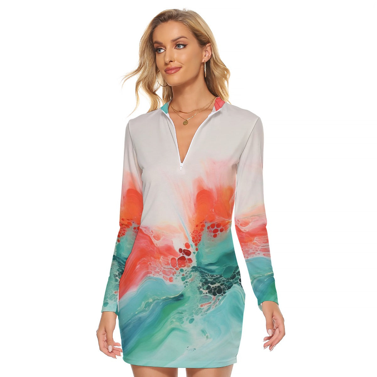 All-Over Print Women's Zip Front Tight Dress