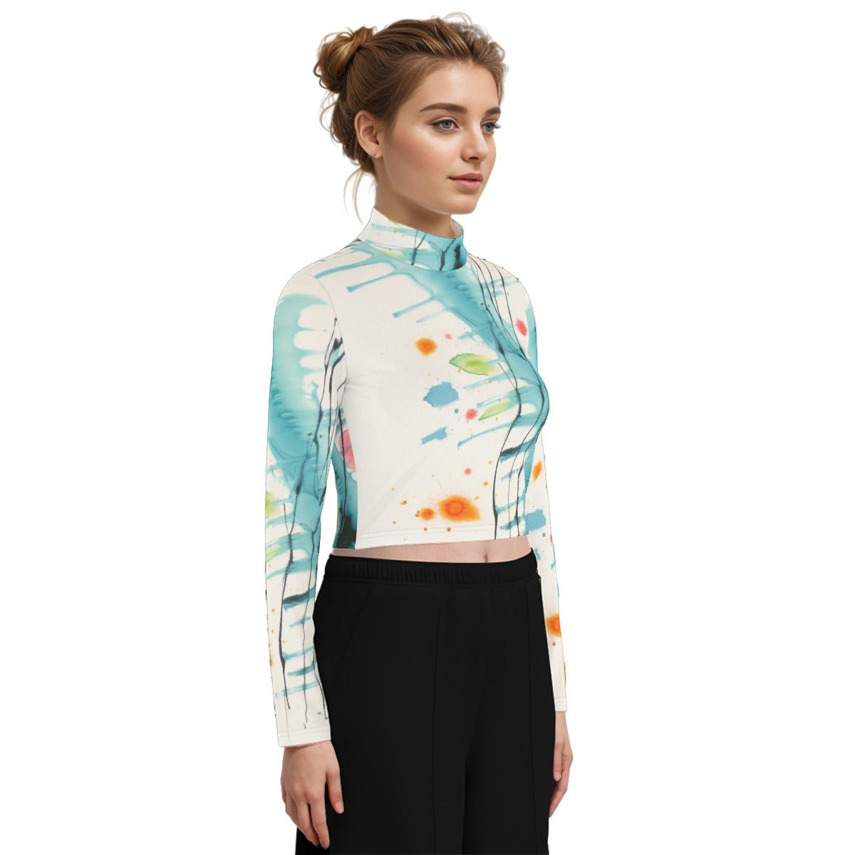 Eco-Friendly All-Over Print Women's Turtleneck T-shirt With Long Sleeve