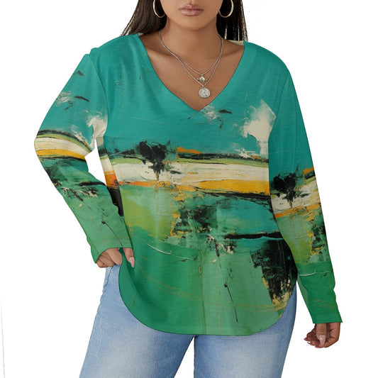 All-Over Print Women's V-neck T-shirt With Curved Hem(Plus Size)