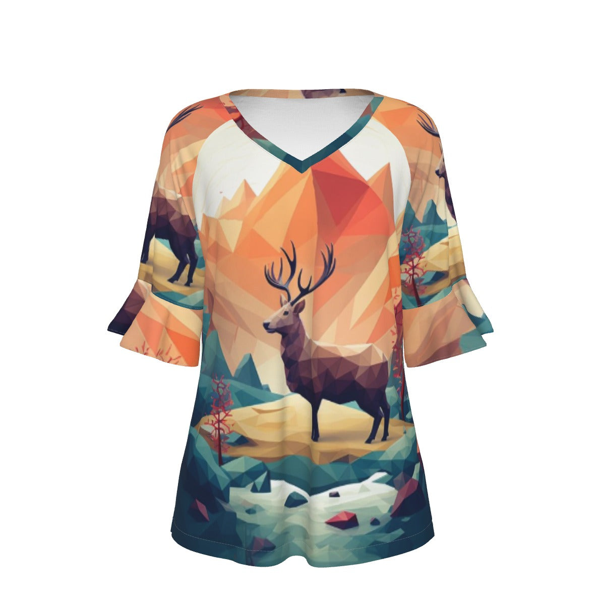 All-Over Print V-neck Women's T-shirt With Bell Sleeve