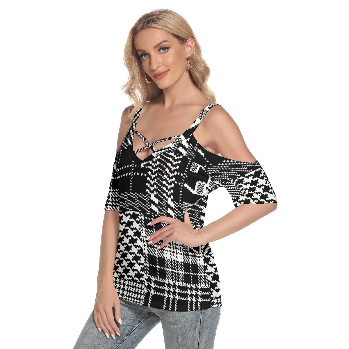 All-Over Print Women's Cold Shoulder T-shirt With Criss Cross Strips