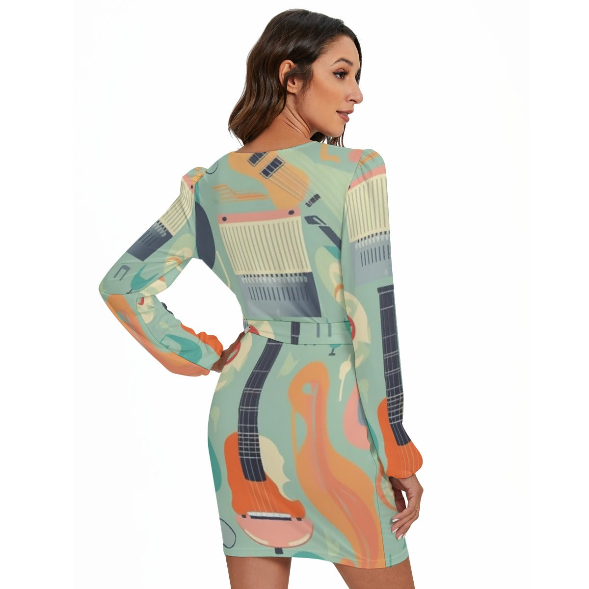 All-Over Print Women's Long Sleeve Dress With Waist Belt