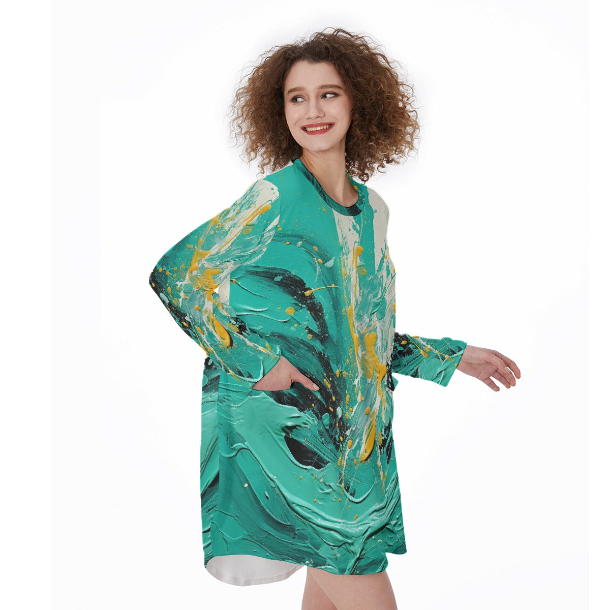 All-Over Print Women's Casual Loose Long Sleeve Dress With Pocket