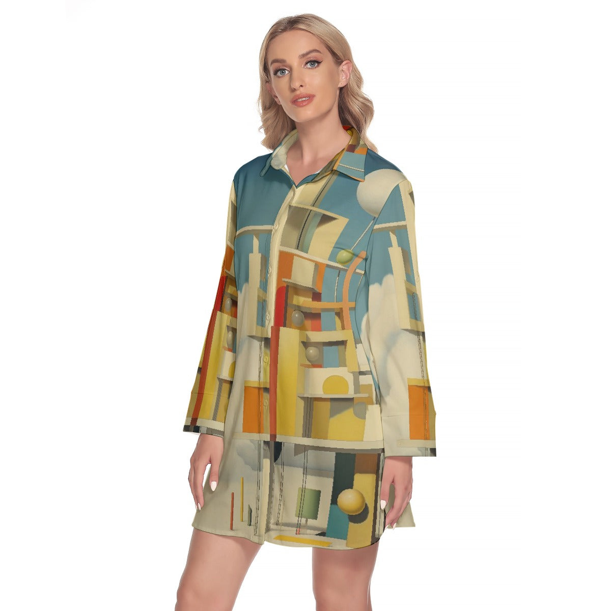 All-Over Print Women's Lapel Shirt Dress With Long Sleeve