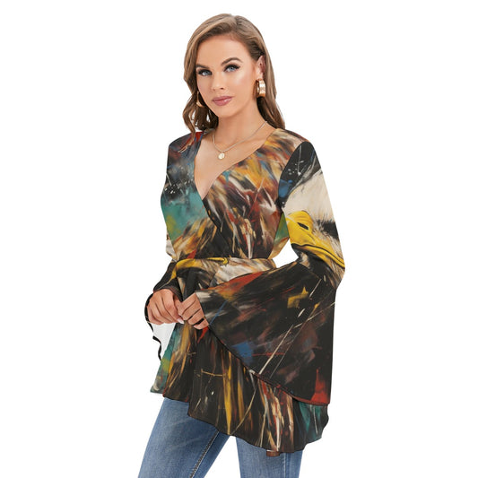 All-Over Print Women's V-neck Blouse With Flared Sleeves