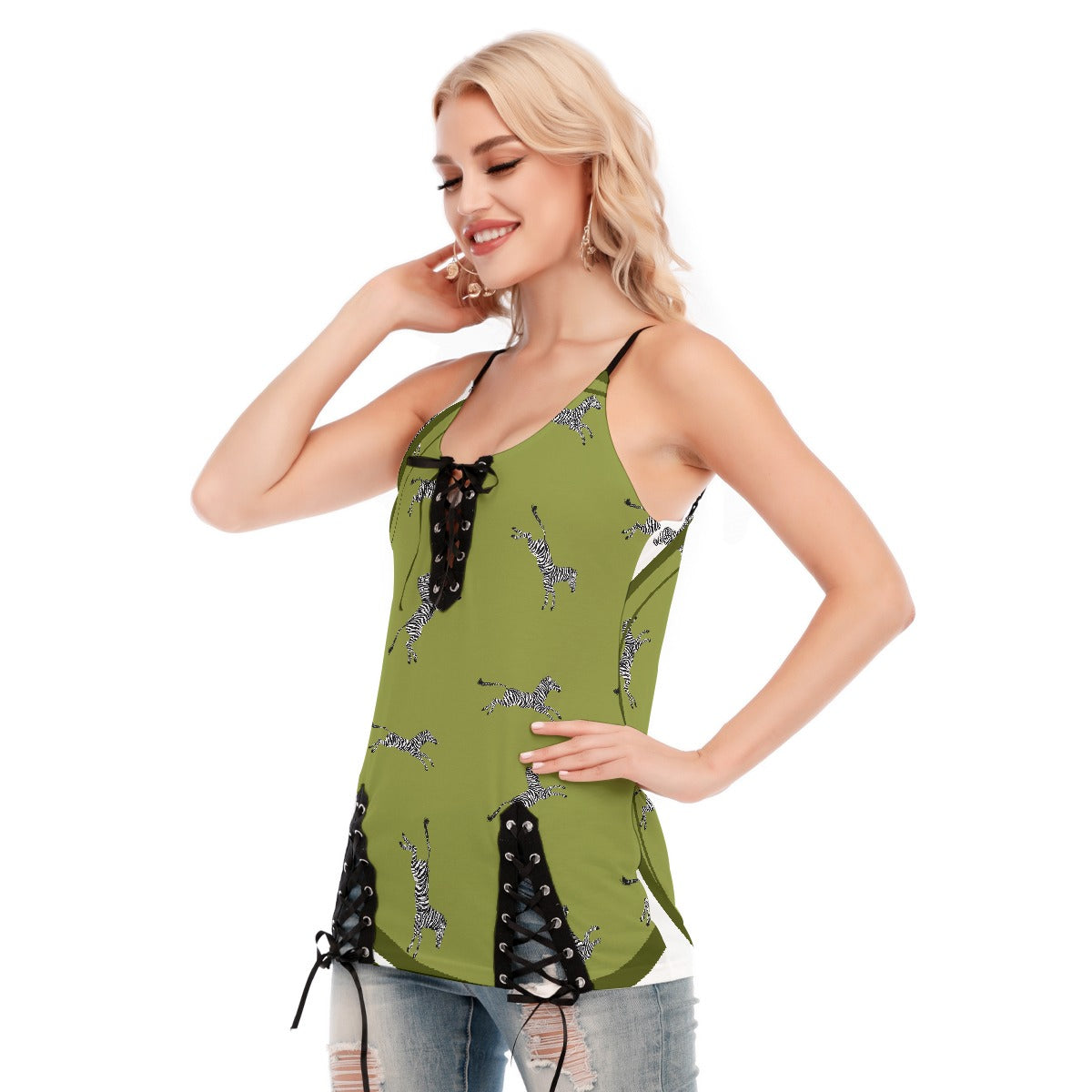 All-Over Print Women's V-neck Eyelet Lace-up Cami Dress