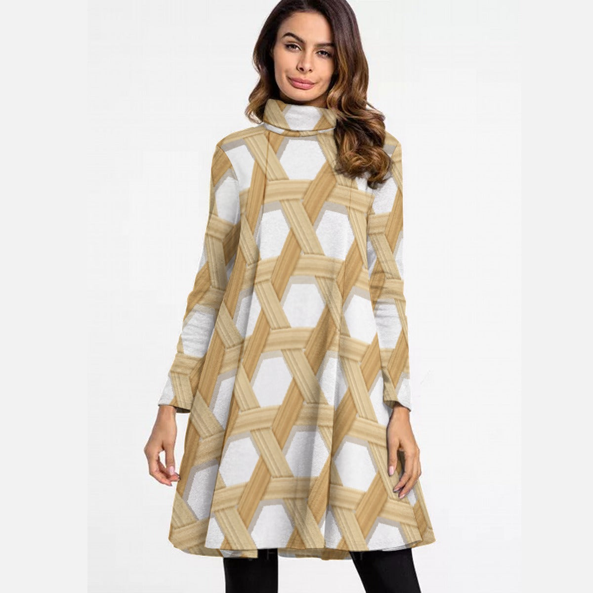 All-Over Print Women's High Neck Dress With Long Sleeve